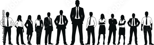 Vector silhouette of large business people group standing in a row, corporate team lineup with leader, professional men and women wearing formal suits and ties.