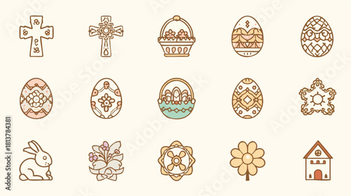 Easter Icon Set: An assortment of easter-themed icons, depicting symbols of the spring holiday, in a simple and attractive vector illustration.