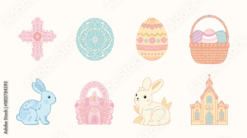 Easter Celebrations: Capturing the essence of Easter, a collection of religious and celebratory elements, including decorated eggs, cross, bunny, and a charming church.