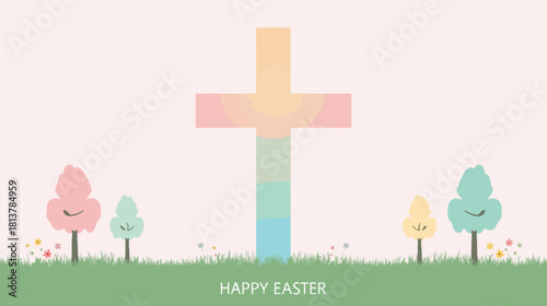 Easter Cross: A serene and heartwarming illustration depicting an Easter cross set against a gentle pastel backdrop, symbolizing hope and renewal.