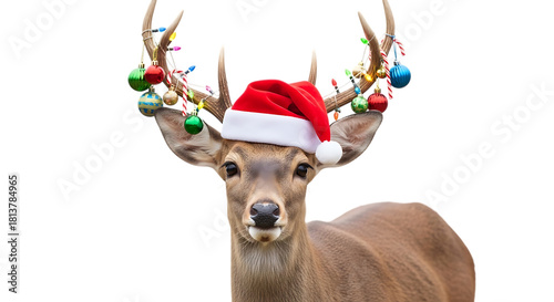 Deer wearing santa hat with christmas ornament decorated antler isolated on transparent background