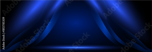 Banner of an empty dark stage with blue neon and curtains. Vector Illustrator	