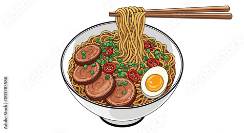 Delicious ramen bowl with chopsticks, egg, meat, and fresh veggies.