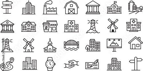 Collection of black and white line art icons representing various building and location types 