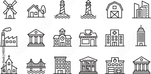 Collection of black and white line art icons representing various city and rural building types