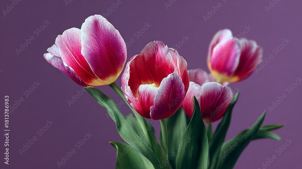 Obraz premium Vibrant bouquet of pink tulips with delicate petals and lush green leaves, arranged elegantly against a soft purple background, showcasing natural beauty and floral elegance