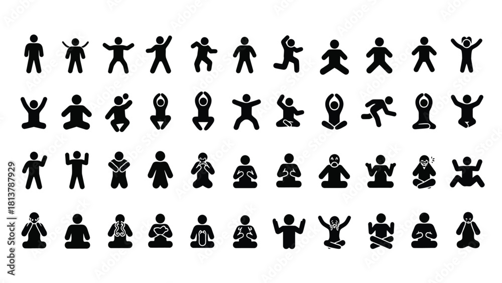 Naklejka premium Pictogram Icon Set of Human Activity and Emotion. Stick figures illustrating yoga poses, exercise, running, sitting, and various emotional states. Vector illustration.