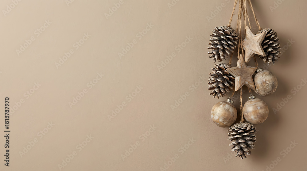 Naklejka premium Rustic Christmas ornaments hanging from twine with pinecones and wooden stars