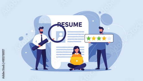 Recruitment Process Illustration: HR Managers Reviewing Candidate Resume and Giving Star Rating