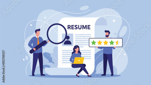 Job Candidate Evaluation and Resume Review. HR team assesses applicant qualifications, analyzing the resume document with a magnifying glass and assigning a star rating.