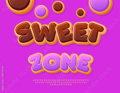 Vector Tasty Advertisement Sweet Zone. Sweet Glazed Font. Donut style Alphabet Letters and Numbers. 