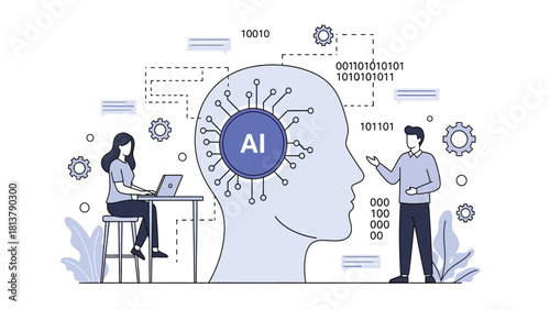 Artificial Intelligence Development Concept. Vector illustration of AI brain technology, machine learning, and data processing with developers working on innovation projects.