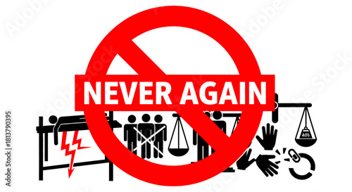 Iconic representation of never again with symbolic imagery and prohibition sign