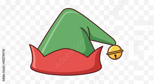 Festive green and red elf hat with a golden jingle bell ready for holiday fun