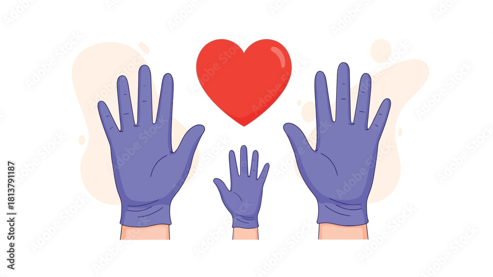 Obraz premium Family Hands in Protective Medical Gloves Protecting Red Heart Symbol, Conceptual Vector Illustration of Healthcare and Support