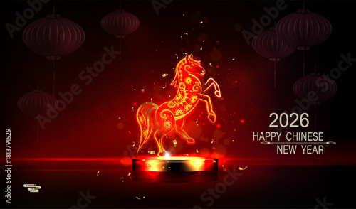 Happy Chinese New Year 2026. Illustration of a golden fire horse on a round podium.