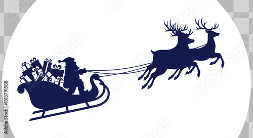 Enchanting christmas eve silhouette scene with santa and his flying reindeer squadron delivering