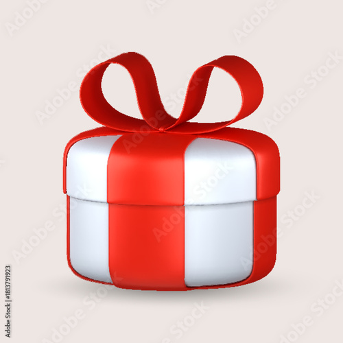 3D white gift boxes with ribbon in red over white background. 3D rendering of a modern holiday surprise box.	