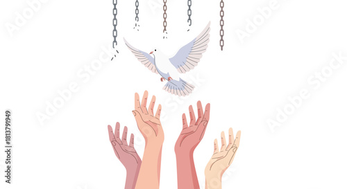 Symbolic breaking of chains and reaching for freedom concept illustration