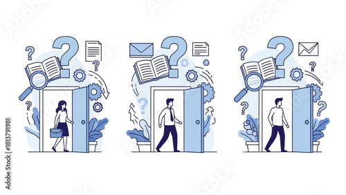 Career Opportunity and Knowledge Search Concept Set. People Stepping Through Open Door for Decisions and Future Development.