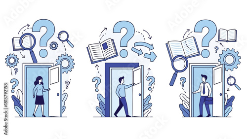 Opportunities and Solutions Search Set: People Entering Open Doors with Question Marks, Books, and Gears