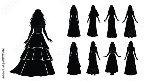Female Gowns and Evening Dresses Silhouettes Set. Elegant Woman in Long Formal Dress Vector Illustration Collection.