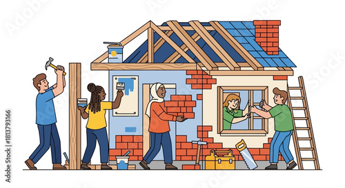 Diverse community volunteers collaboratively construct and renovate a house together with shared