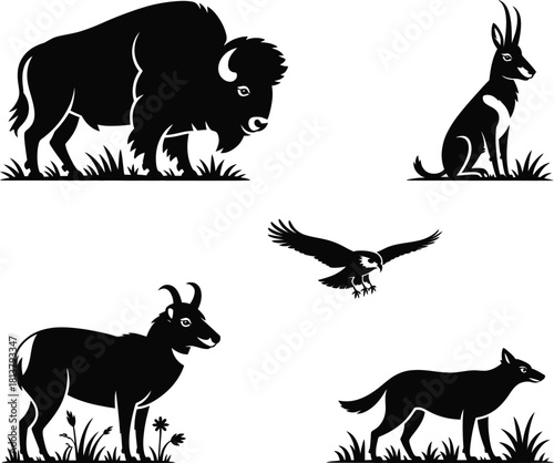 American wildlife vector illustration set of animals silhouettes