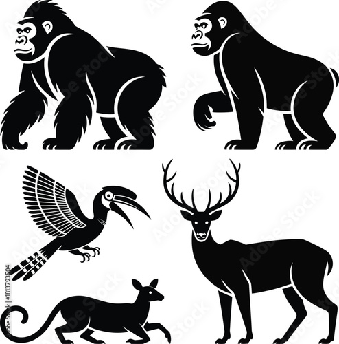 Gorilla deer bird vector illustration set of animal silhouettes