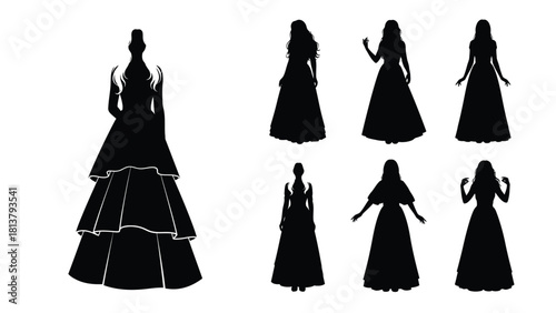Elegant Women Silhouettes in Long Dresses and Ballgowns. Vector Set of Female Figures in Formal Gowns Isolated on White Background.