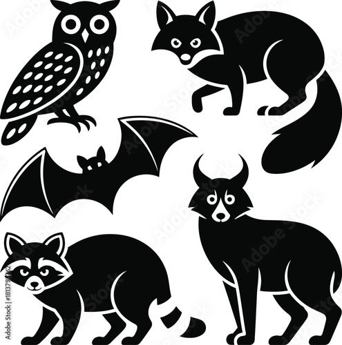 Night fauna vector illustration owl fox bat raccoon wildlife animal icon