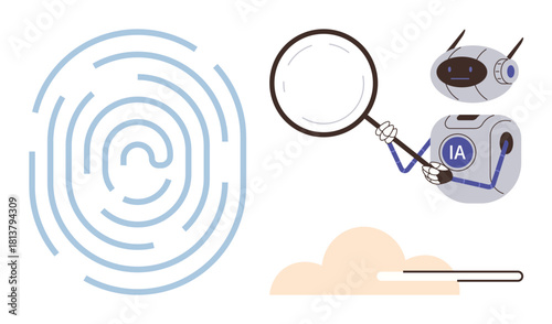 Robot examining an enlarged fingerprint with a magnifying glass, symbolizing AI in cybersecurity, data analysis, and innovation in authentication. Ideal for technology, biometrics, security, AI
