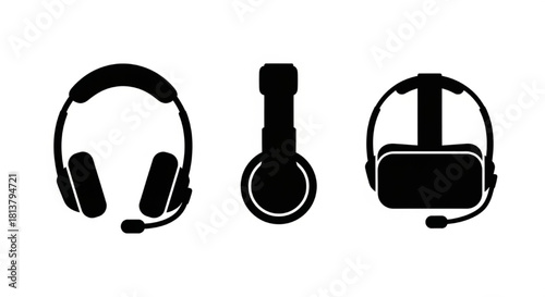Headset Silhouette Vector Illustration Showing Front, Side, and Flat Views in Minimal Audio Design Style

