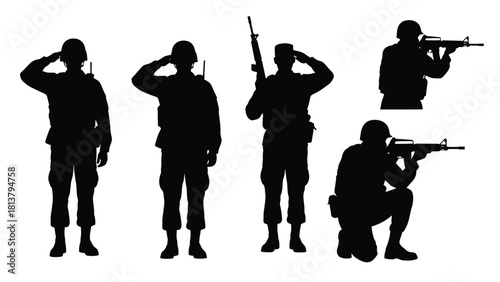Set of detailed Military Soldier Silhouettes in various poses, including saluting, aiming, and standing, isolated vector illustration