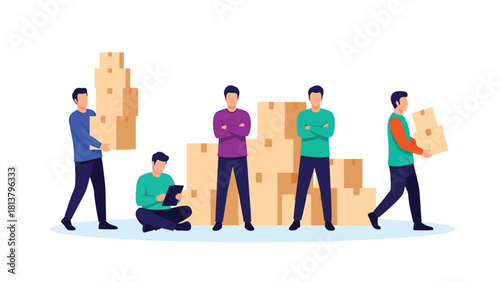 Warehouse Workers Team Handling Inventory and Delivery Boxes