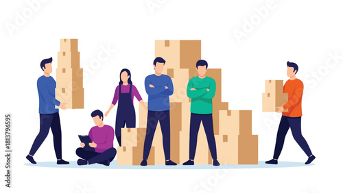 Warehouse Workers Team Sorting and Moving Boxes. Logistics and Inventory Management Flat Vector Illustration