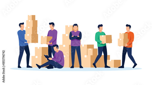 Logistics Team Working in Warehouse Organizing and Carrying Cardboard Boxes Vector Illustration