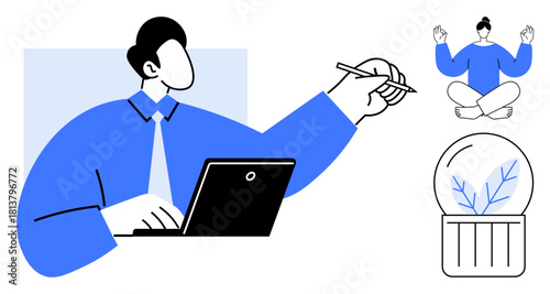 Businessperson using laptop and writing ideas, meditating for mindfulness, sustainable lightbulb plant concept. Ideal for productivity, focus, creativity, mindfulness, balance, eco-friendliness