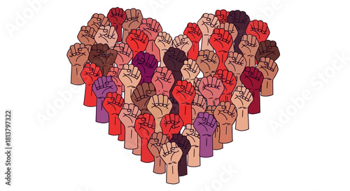 Unified heart: Multicolored raised fists symbolizing global solidarity and collective strength