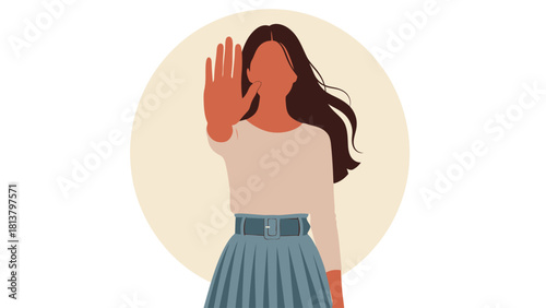 Young woman extending her hand in a stop gesture, symbolizing refusal, setting boundaries, and protection against harassment or unwanted advance. Vector illustration.