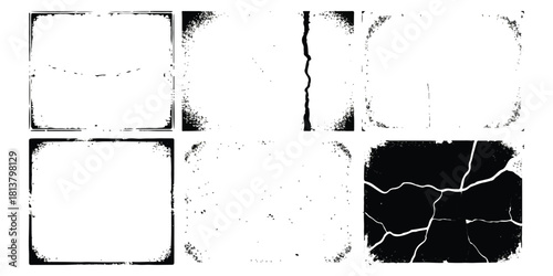 Grunge distressed texture elements: borders, frames, cracks, and speckle effects
