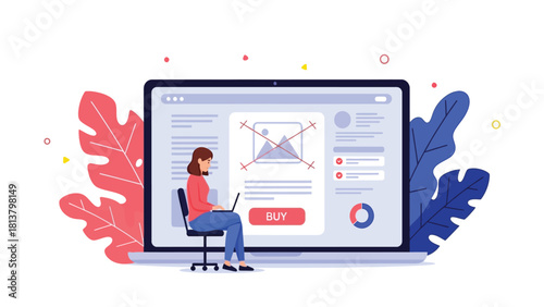 E-commerce Website Error: Woman Shopping Online with Missing Product Image Placeholder on Laptop Screen