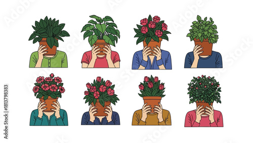 Anonymous People Hiding Faces Behind Potted Plants and Flowers. Set of Shy Characters Holding Houseplants and Bloom Pots