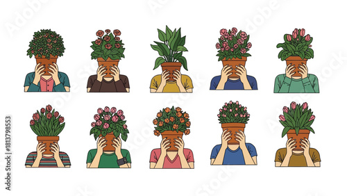 Figures Hiding Faces Behind Potted Plants Set. Collection of Diverse People with Flowers in Clay Pots Covering Heads
