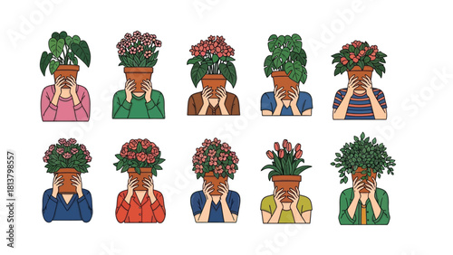 Set of People Hiding Faces Behind Potted Houseplants and Flowers Vector Illustration