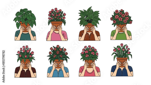 People Hiding Faces Behind Flower Pots Filled with Various Plants and Flowers. Set of 8 Conceptual Vector Illustrations of Shyness, Identity, or Nature Connection