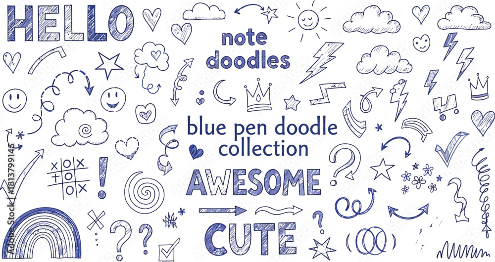 Obraz premium Hand drawn blue pen doodle collection with arrows, stars, hearts, words