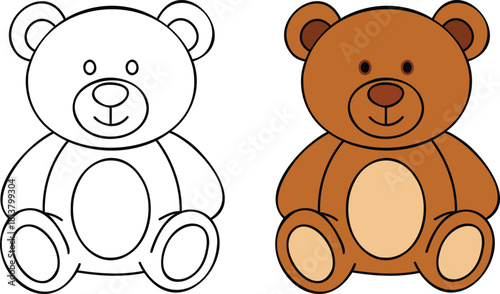 Teddy Bear Coloring Page and Filled Teddy Bear stuffed animal outline