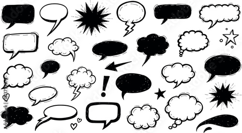 Hand drawn speech bubbles and thought clouds communication set.