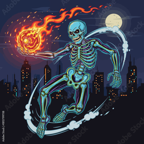 Fiery Skeleton Superhero Unleashing Power in Cityscape.